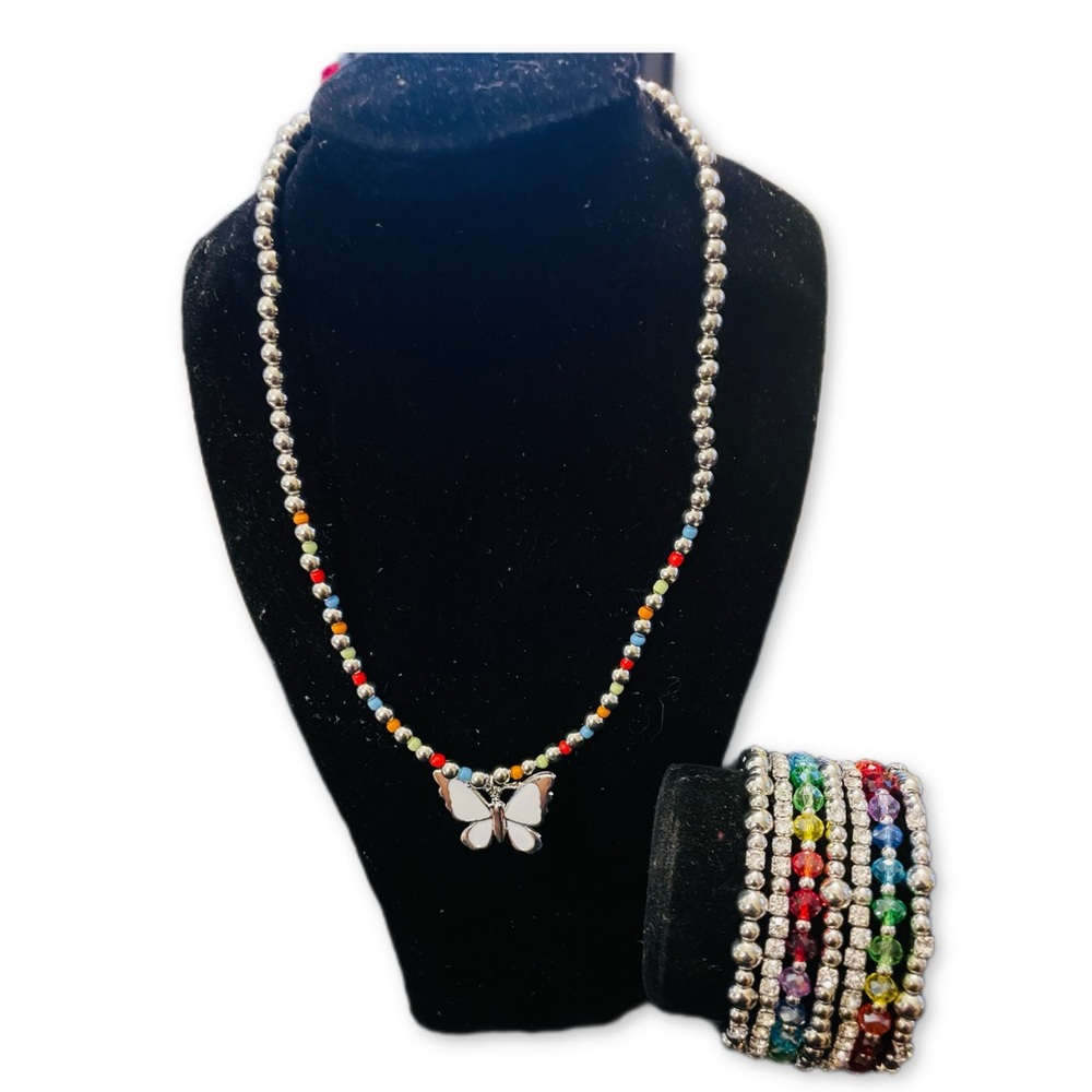 Colorful Beaded Necklace with Butterfly Pendant & Bracelet Set